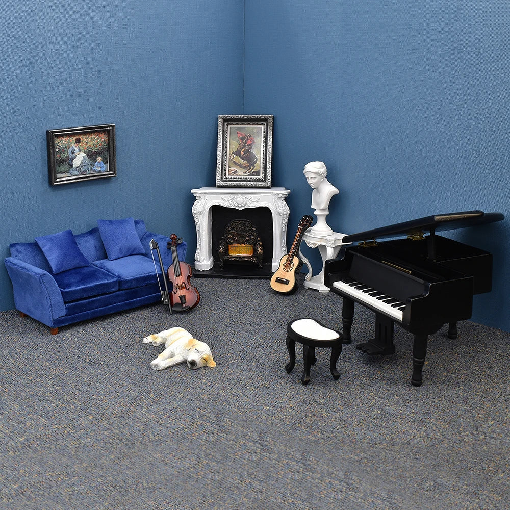 1:12 Dollhouse Miniature Furniture Grand Piano And Stool Music Instrument Wood 2 Colors Available White And Black
