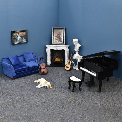 1:12 Dollhouse Miniature Furniture Grand Piano And Stool Music Instrument Wood 2 Colors Available White And Black