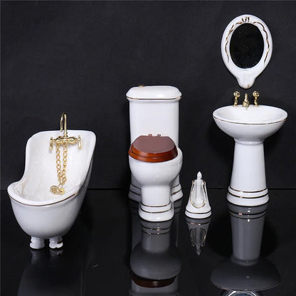 1:12 Scale Miniature Dollhouse Furniture Porcelain Bathroom Set White Toilet Basin Mirror 5Pcs For Dollhouse Accessories
