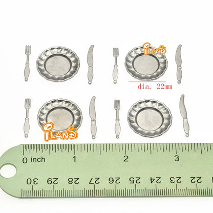 1:12 Scale Miniature Kitchen Accessories Tableware Dining Plate Knife Fork Spoon Metal Cutlery Dollhouse Miniature