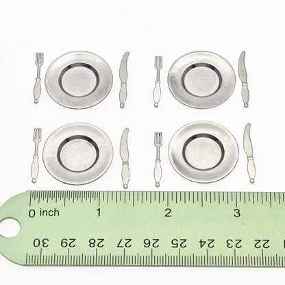 1:12 Scale Miniature Kitchen Accessories Tableware Dining Plate Knife Fork Spoon Metal Cutlery Dollhouse Miniature