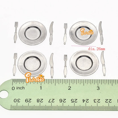 1:12 Scale Miniature Kitchen Accessories Tableware Dining Plate Knife Fork Spoon Metal Cutlery Dollhouse Miniature
