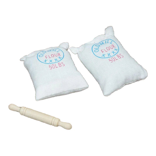 Ensemble de cuisine pour maison de poupée à l'échelle 1:12 : sacs de farine et rouleau à pâtisserie miniatures