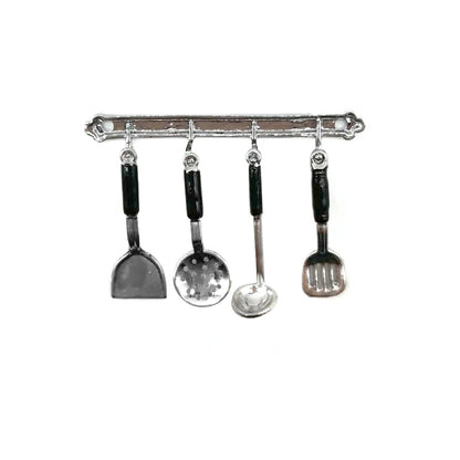 Utensilios de cocina de metal en miniatura a escala 1:12, pala, cuchara sopera, soporte de almacenamiento para juguetes de casa de muñecas, pasatiempos