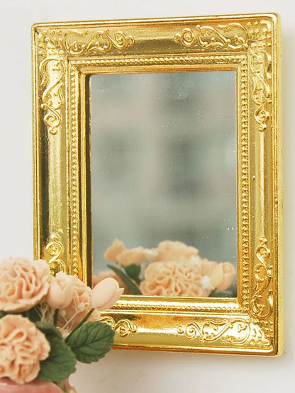 Espejo con marco dorado para casa de muñecas a escala 1:12, accesorio decorativo para dormitorio.
