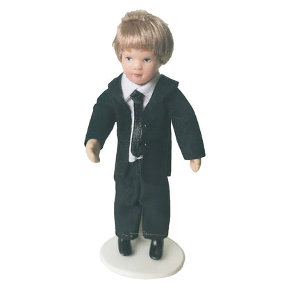 1:12 Scale Miniature Porcelain Doll Pretty Little Boy In Black Suit Dollhouse Model