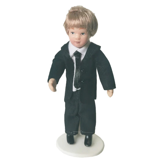 1:12 Scale Miniature Porcelain Doll Pretty Little Boy In Black Suit Dollhouse Model