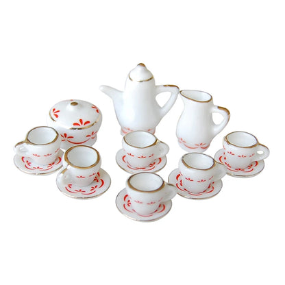 1:12 Scale Miniature Porcelain Tea Set With Colorful Flower For Dollhouse Accessories 15PCS