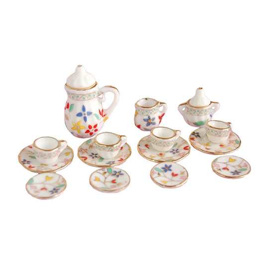 1:12 Scale Miniature Porcelain Tea Set With Colorful Flower For Dollhouse Accessories 15PCS