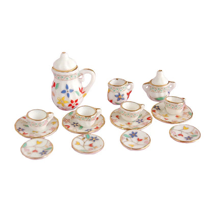 1:12 Scale Miniature Porcelain Tea Set With Colorful Flower For Dollhouse Accessories 15PCS