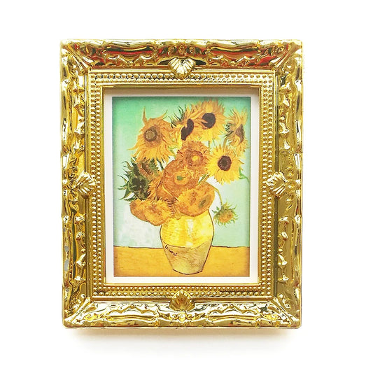 Mural de pared en miniatura a escala 1:12 con girasol dorado de Vincent Van Gogh para sala de estar, accesorios para casa de muñecas con marco dorado.