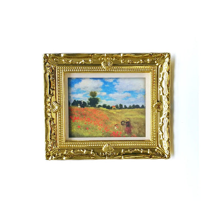 Mural de pared en miniatura a escala 1:12 con girasol dorado de Vincent Van Gogh para sala de estar, accesorios para casa de muñecas con marco dorado.
