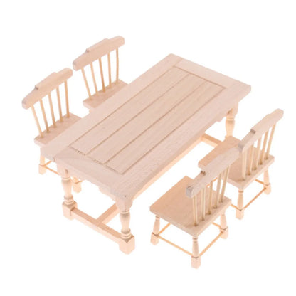 1:12 Scale Wooden Dining Table With 4 Chairs Miniature Dollhouse Furniture For Living Room Accessories Unpainted DIY Toys