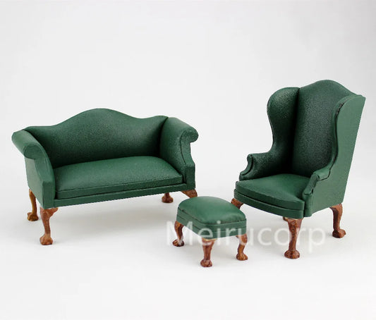 Juego de sofá y silla doble de Rexine verde a escala 1:12, muebles en miniatura para casa de muñecas, decoración para sala de estar