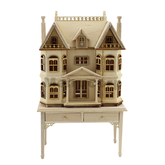 Vitrina de madera para casa de muñecas, sin pintar, escala 1:12, con forma de casa