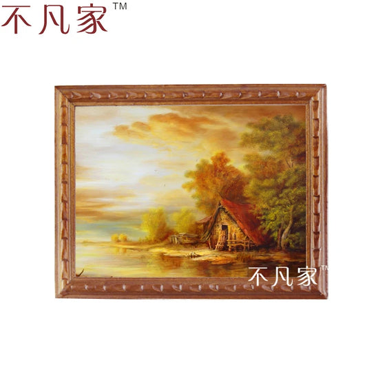 Pintura al óleo de casa de muñecas en miniatura a escala 1:12 con cabaña rústica y arroyo - Arte decorativo enmarcado para el hogar