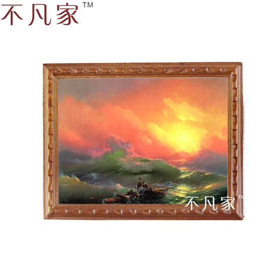 Pintura al óleo de una casa de muñecas en miniatura a escala 1:12: un atardecer - Decoración clásica para coleccionistas