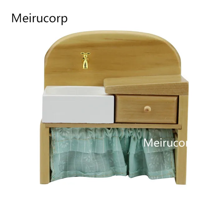Fregadero de cocina para casa de muñecas en miniatura a escala 1:12 con cajones y cortina