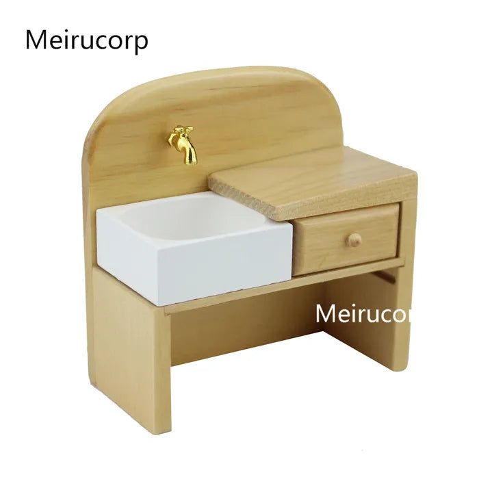Fregadero de cocina para casa de muñecas en miniatura a escala 1:12 con cajones y cortina