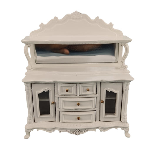 Aparador blanco en miniatura con espejo a escala 1:12 - Muebles de comedor para casa de muñecas tallados a mano