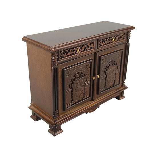 Mueble auxiliar de madera para casa de muñecas en miniatura, tallado a mano, a escala 1:12, con un intrincado diseño de retrato.