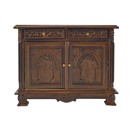 Mueble auxiliar de madera para casa de muñecas en miniatura, tallado a mano, a escala 1:12, con un intrincado diseño de retrato.