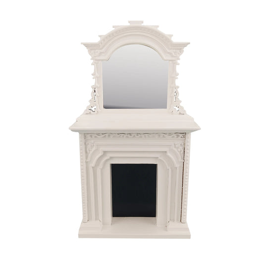 Casa de muñecas en miniatura a escala 1:12 con chimenea blanca ornamentada y muebles con espejo
