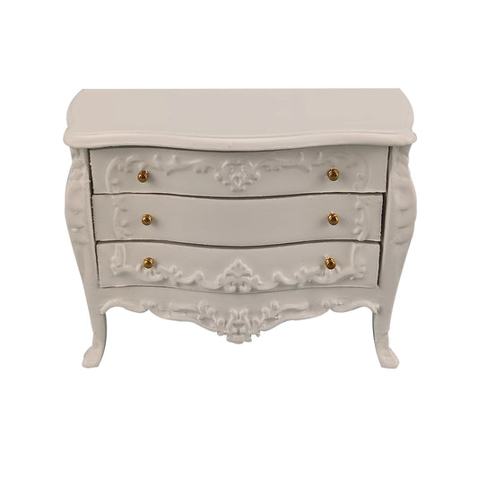 Mueble aparador con cajones de madera tallada blanca para casa de muñecas en miniatura a escala 1:12