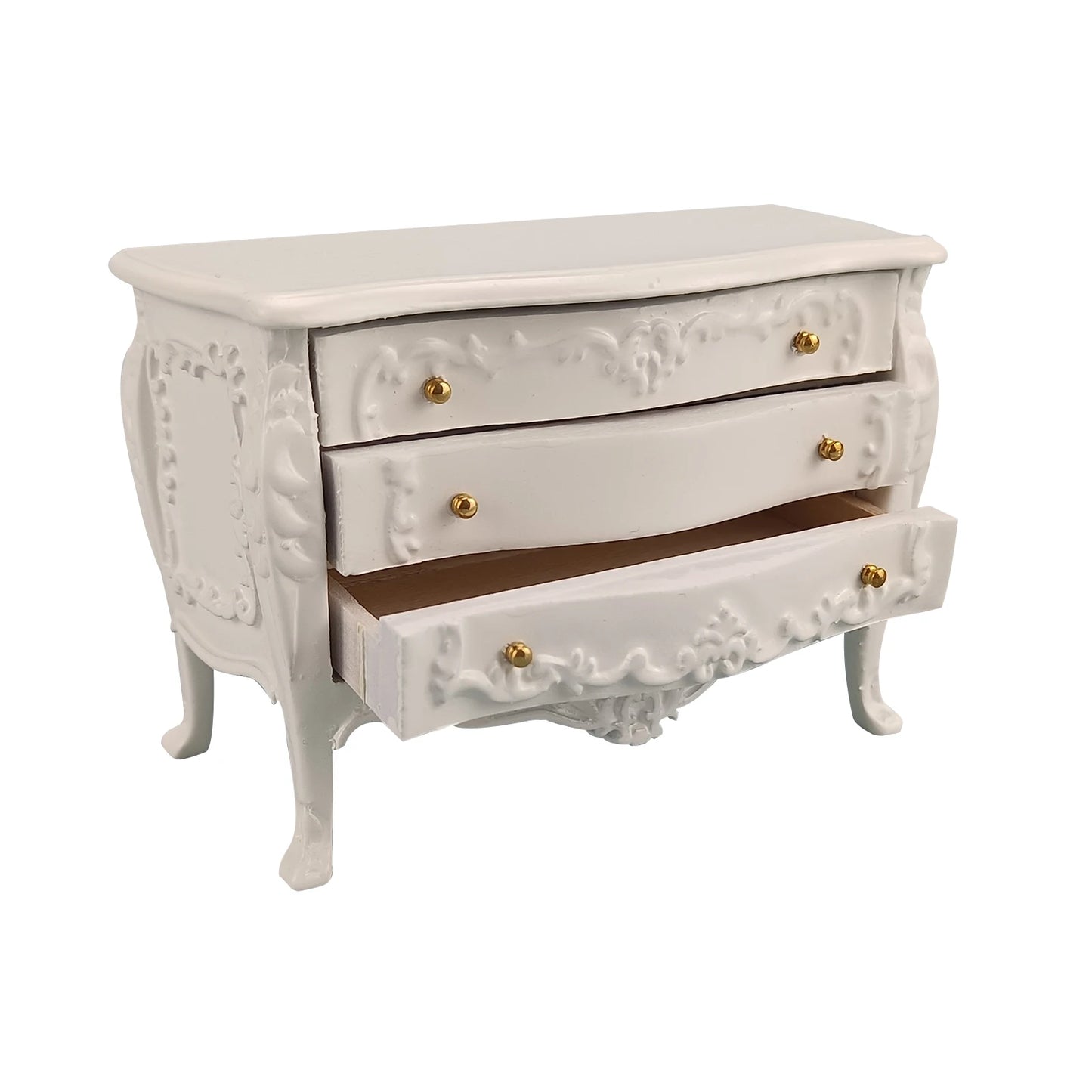 Meuble de buffet à tiroirs en bois sculpté blanc pour maison de poupée miniature à l'échelle 1:12