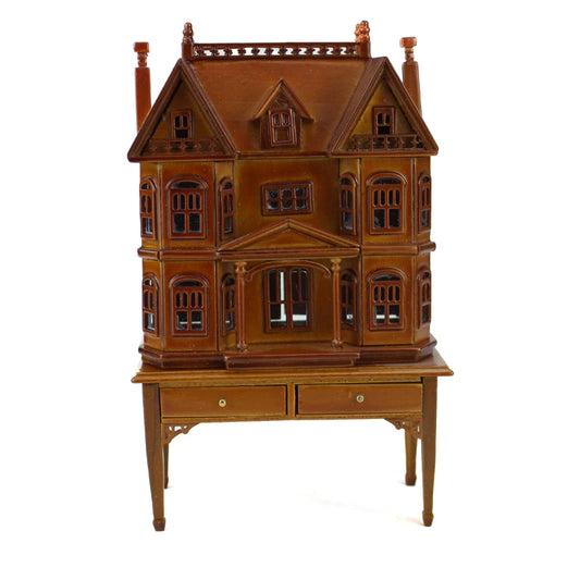 Maison de poupée miniature en noyer à l'échelle 1:144 sur table à l'échelle 1:12, meubles miniatures en bois