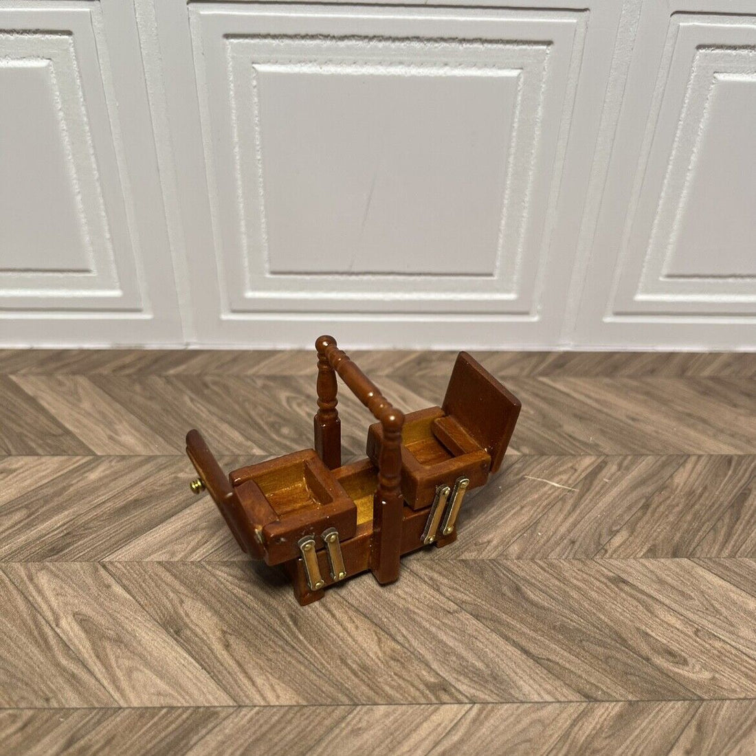 1:12 scale walnut sewing box opened to show tiered compartments