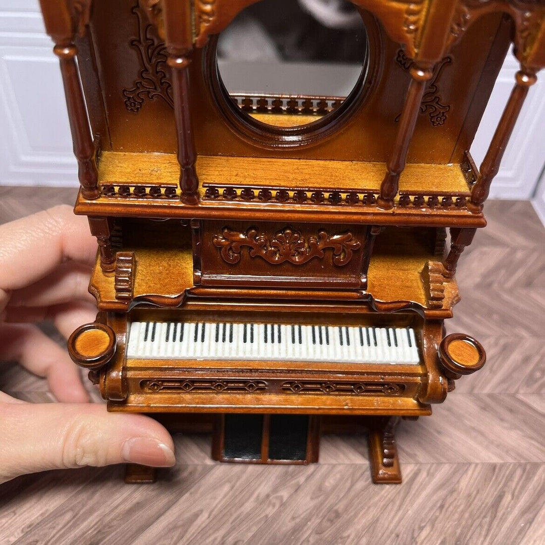Miniature Carved Flower Mini Furniture 1:12 Vintage Piano with Mirror Stool Set