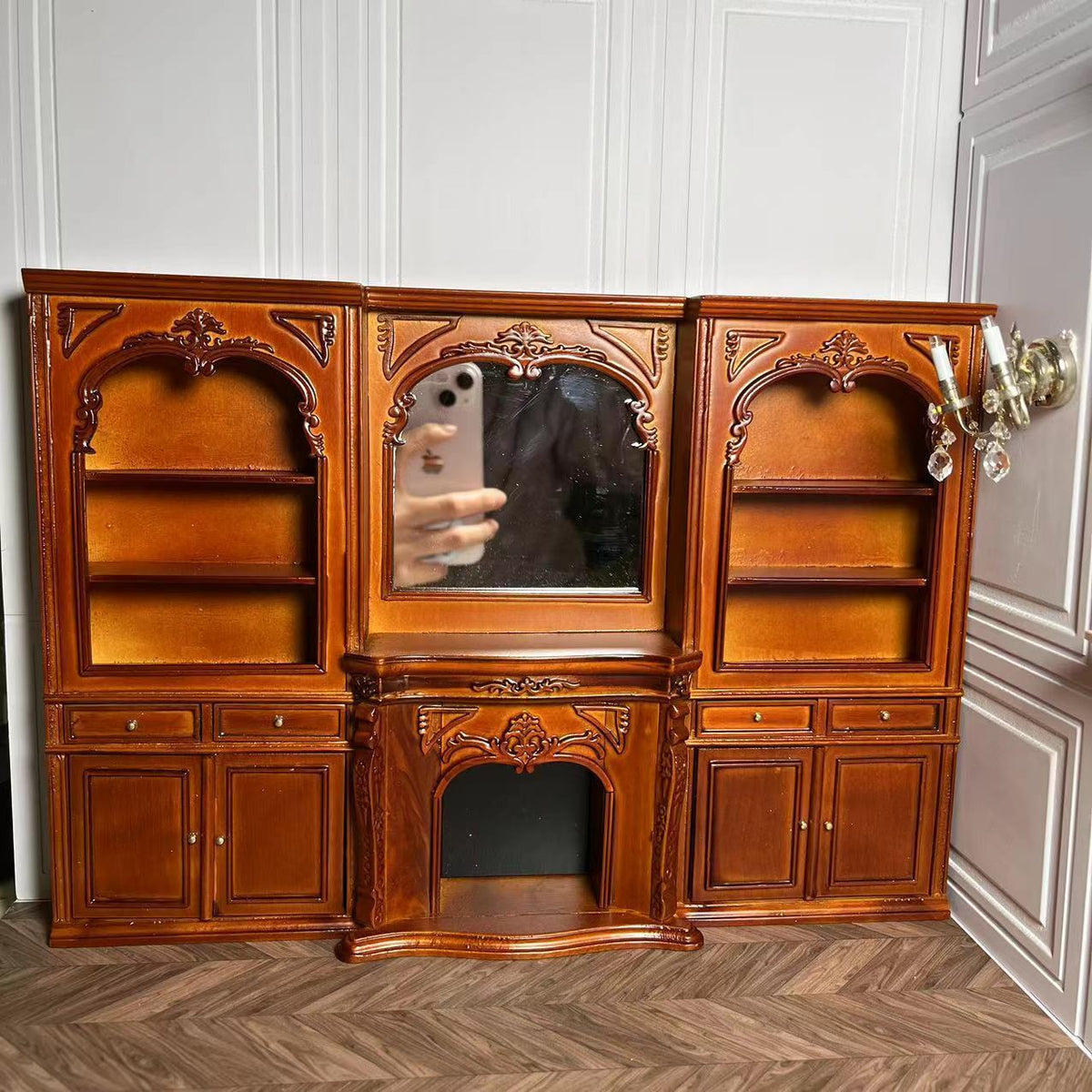 Miniature Dollhouse 1:12 Furniture Ob11 Fireplace with Mirror Showcase Bookcase