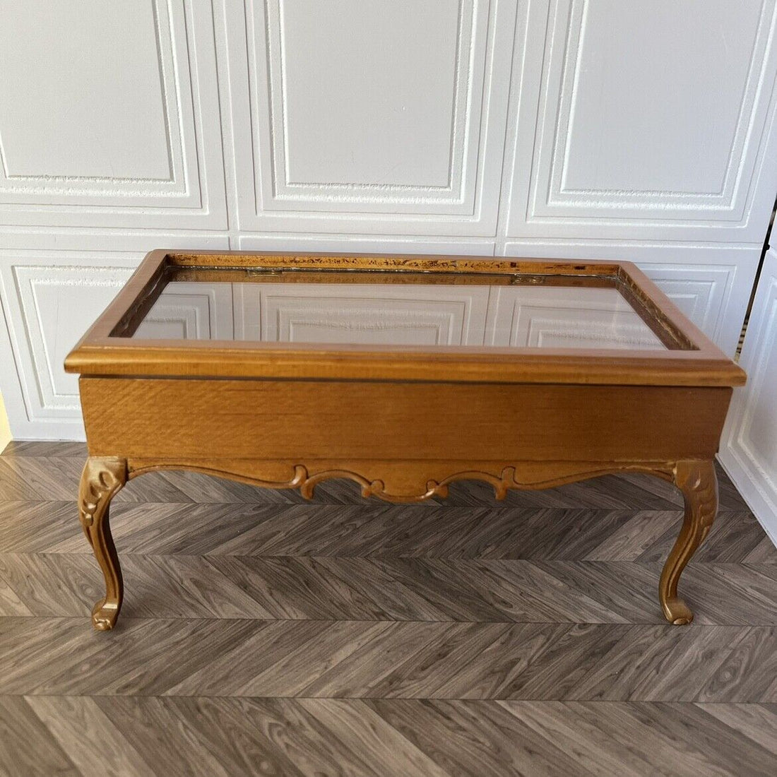 1:6 scale honey-toned tea table with glass-top display storage