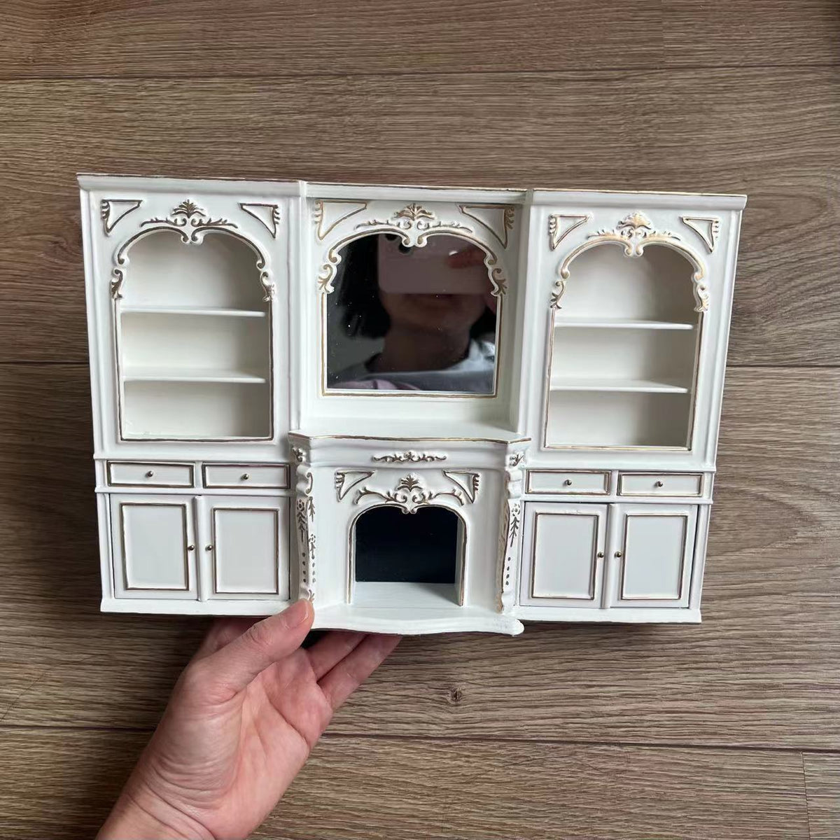 Miniature Dollhouse 1:12 Furniture Ob11 Fireplace with Mirror Showcase Bookcase