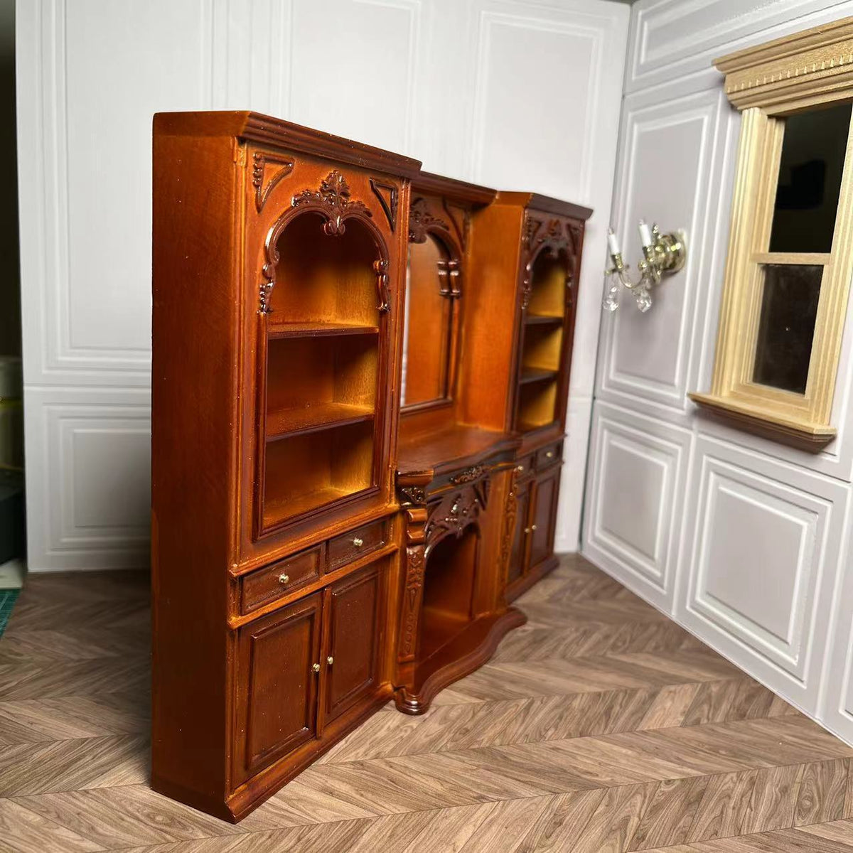 Miniature Dollhouse 1:12 Furniture Ob11 Fireplace with Mirror Showcase Bookcase