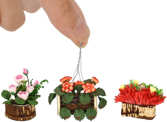 1:12 Scale Miniature Dollhouse Plants And Flowers Accessories With Tree Bark Potted Flowers