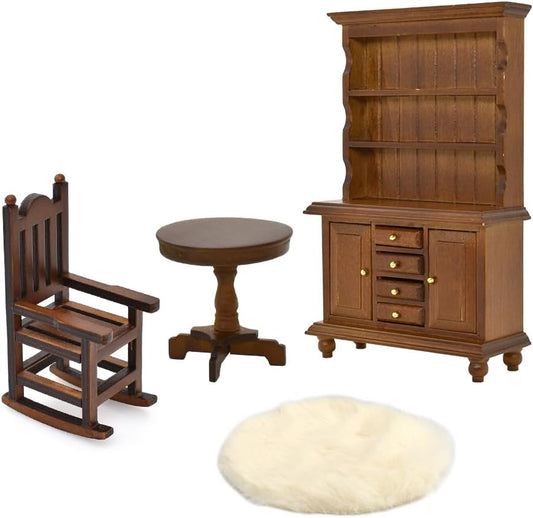 1:12 Scale Miniature Dollhouse Furniture Set Classic 4Pcs Chair Table Bookshelf Rug