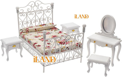 1:12 Scale Victorian Dollhouse Bedroom Furniture Set 5Pcs Miniature Metal Bed Side Table Vanity Mirror Miniature Dollhouse Accessories