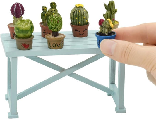 1:12 Scale Miniature Dollhouse Table With Succulent Plants 8Pcs Set For Fairy Garden And Elf On The Shelf Miniature Dollhouse Accessories And Furniture