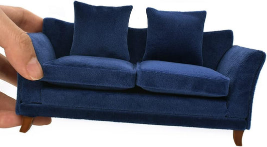 1:12 Scale Modern Miniature Sofa Dollhouse Furniture For Living Room Dark Blue Velvet
