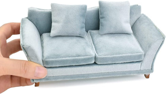 1:12 Scale Modern Miniature Sofa Dollhouse Furniture For Living Room Light Sky Blue Velvet