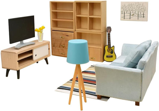 1:12 Scale Miniature Living Room Furniture Set With Sofa Tv Cabinet Bookshelves Guitar Decor For Dollhouse Modern Home Decor