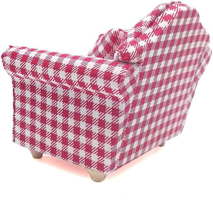 1:12 Scale Wooden Cabinet Miniature Dollhouse Furniture For Living Room With Sofa Pillow End Table And Rug Red White Gingham Armchairs Set