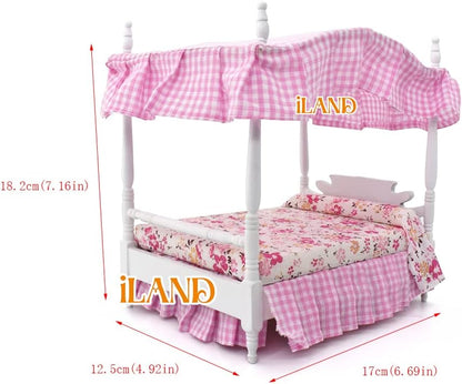 1:12 Scale Wooden Dollhouse Furniture Pink Bedroom Set With Piano Miniature Dollhouse Accessories For Girls