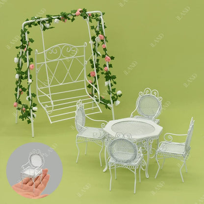 1:12 Scale Miniature Garden Furniture Set With Swing Table Chairs And Rose Vines For Dollhouse Outdoor Decor
