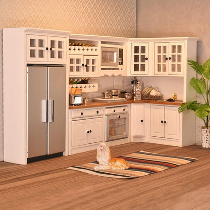 1:12 Scale Wooden Dollhouse Furniture Set For Kitchen Miniature Cabinets Fridge Oven Microwave Pots Carpet