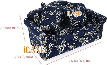 1:12 Scale Dollhouse Living Room Sofa And Couch Set Blue White Floral Miniature Furniture