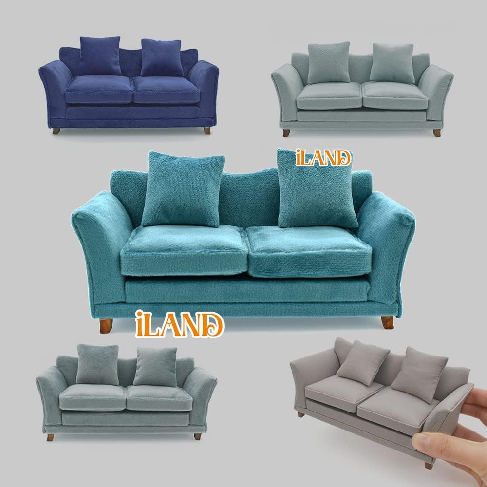 1:12 Scale Modern Miniature Sofa Dollhouse Furniture For Living Room Turquoise Blue Velvet
