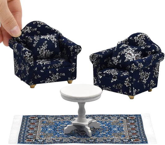 1:12 Scale Wooden Cabinet Miniature Dollhouse Furniture For Living Room With Sofa Pillow End Table And Rug Blue White Floral Armchairs Set